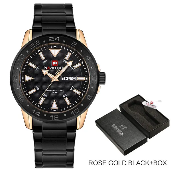 rose-gold-blackbox Новое поступление, кварцевые часы бренда NAVIFORCE, мужские спортивные часы из нержавеющей стали, водонепроницаемые наручные часы с автоматическим календарем, подарочные часы - Цвет: rose-gold-blackbox