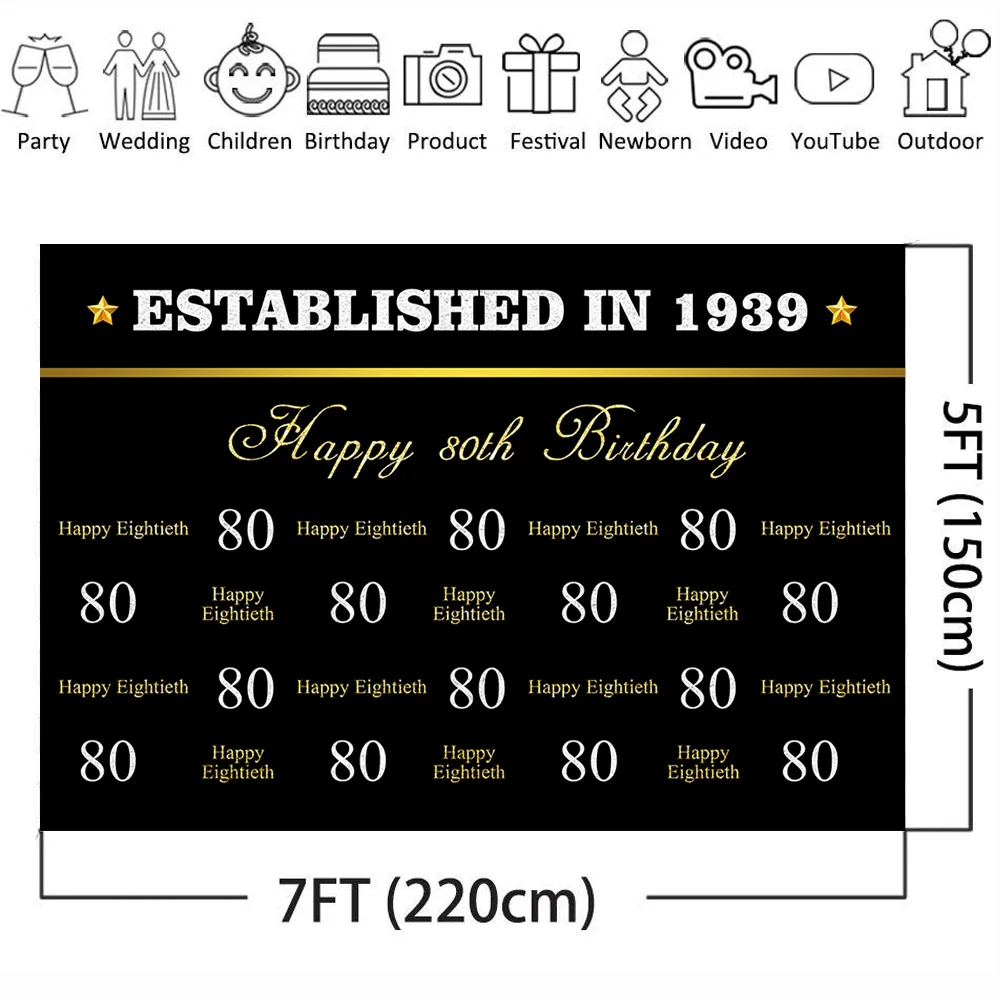 

Happy 50th 70th 80th Birthday Gold Backdrop Black Gold Step and Repeat Photography Backdrop Birthday Party Banner Background