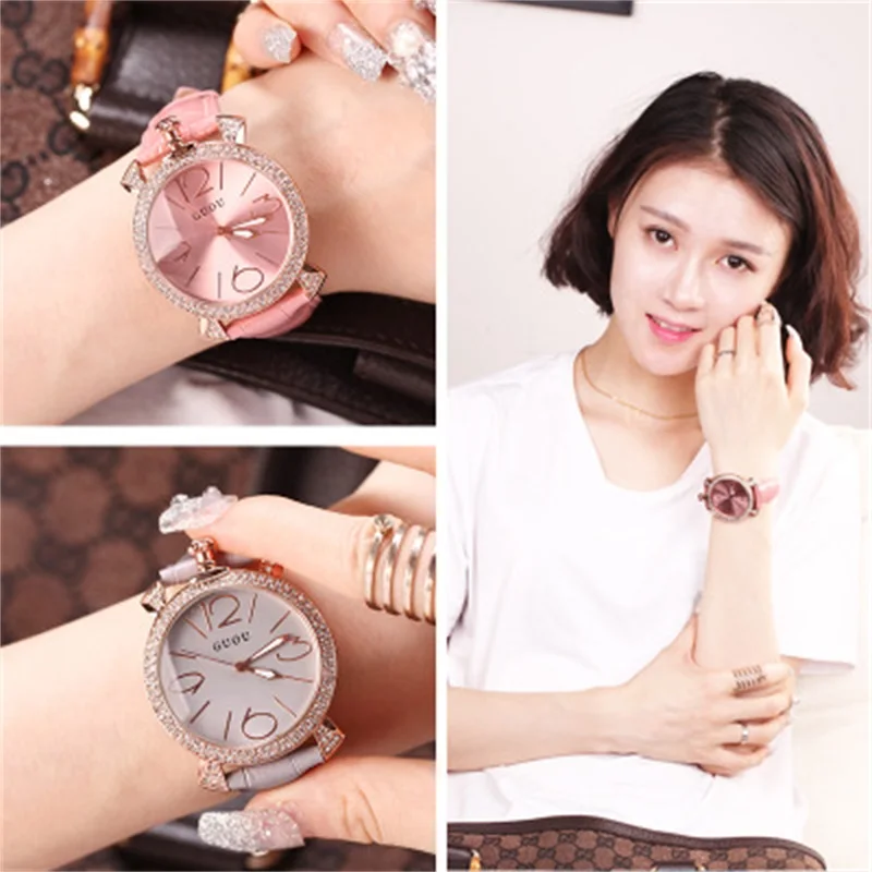 

GUOU purple rose gold women luxury brand full rhinestone watch ladies genuine leather band quartz watch women famous wristwatch