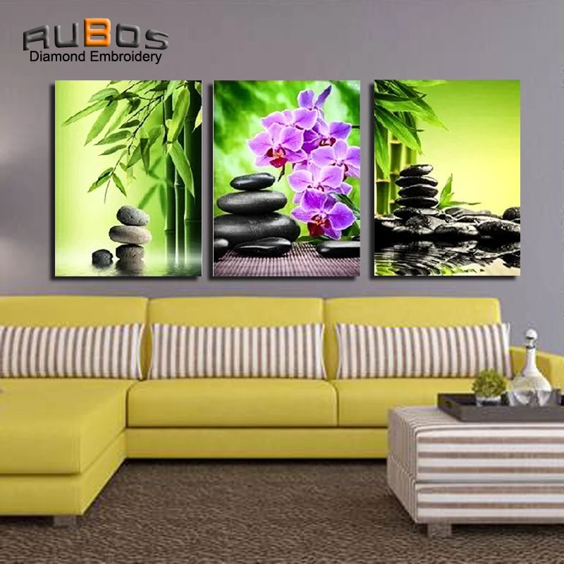 RUBOS DIY 5D Алмазная мозаика, цветы бамбук, Орхидея вышивка Триптих алмазная живопись Настенная Модульная картина 3D узор камень