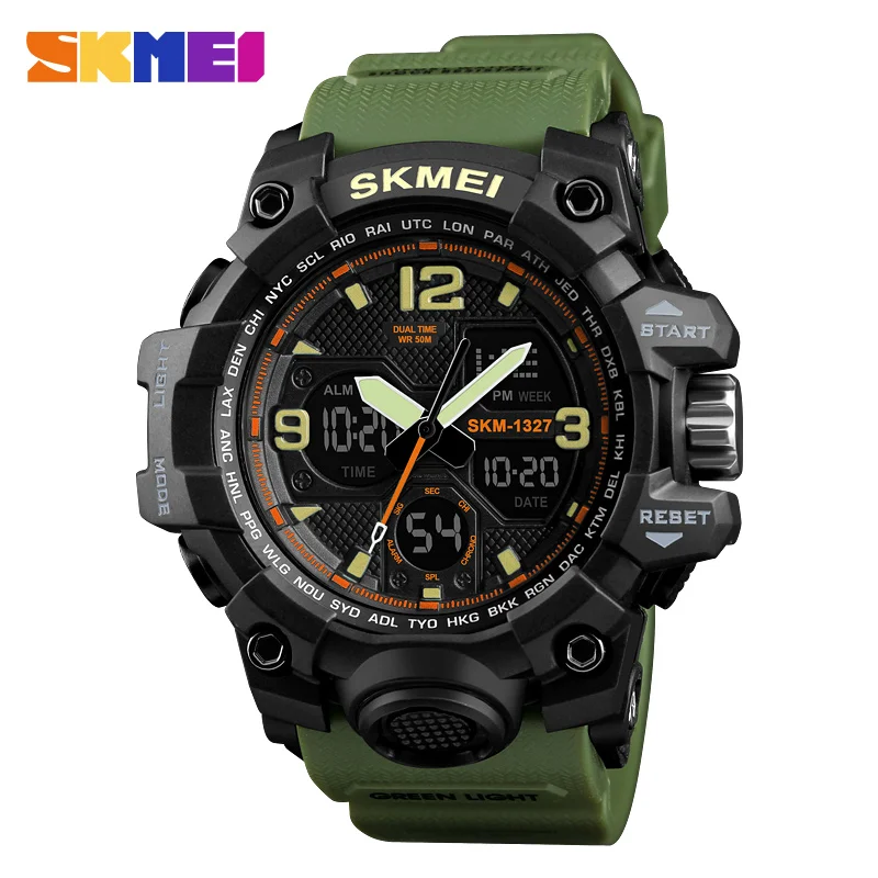 SKMEI 1327 спортивные Для мужчин Водонепроницаемый уличная модная часы 2 время Chrono EL свет 12/24 час будильник неделя Дата Наручные часы - Цвет: Army Green