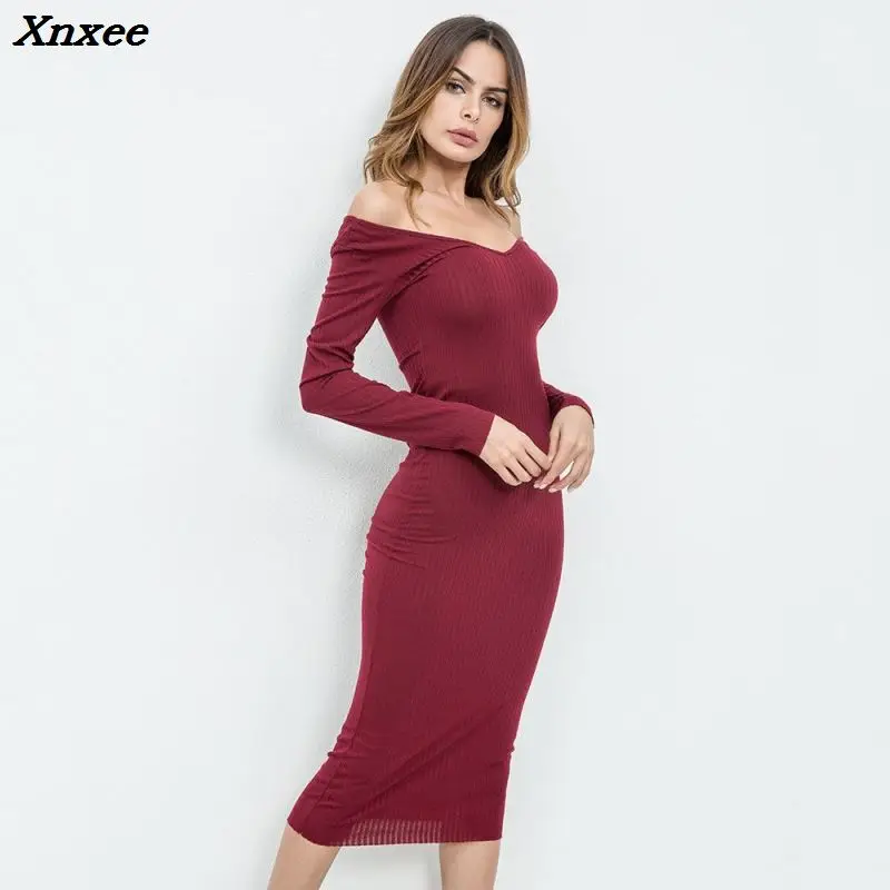 

Fashion Women Off Shoulder Ribbed Dress Elegant Slash Neck Sheath Bodycon Dress Solid Sexy Long Sleeve Midi Dresses Xnxee
