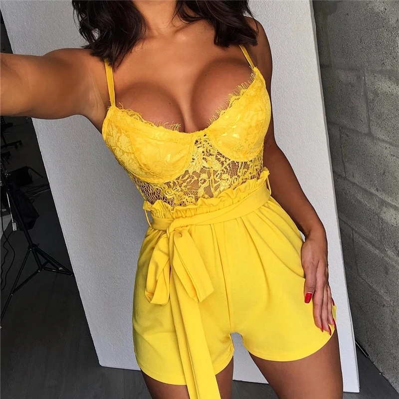 

2019 Summer Women Elegant Fashion Sexy Party Jumpsuit Spaghetti Strap Eyelash Lace Insert Frill Hem Casual Rompers