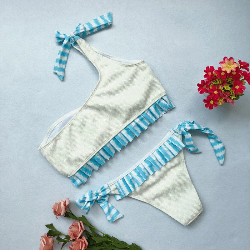 Горячие оборками Женские комплект бикини пикантное платье на одно плечо Push up