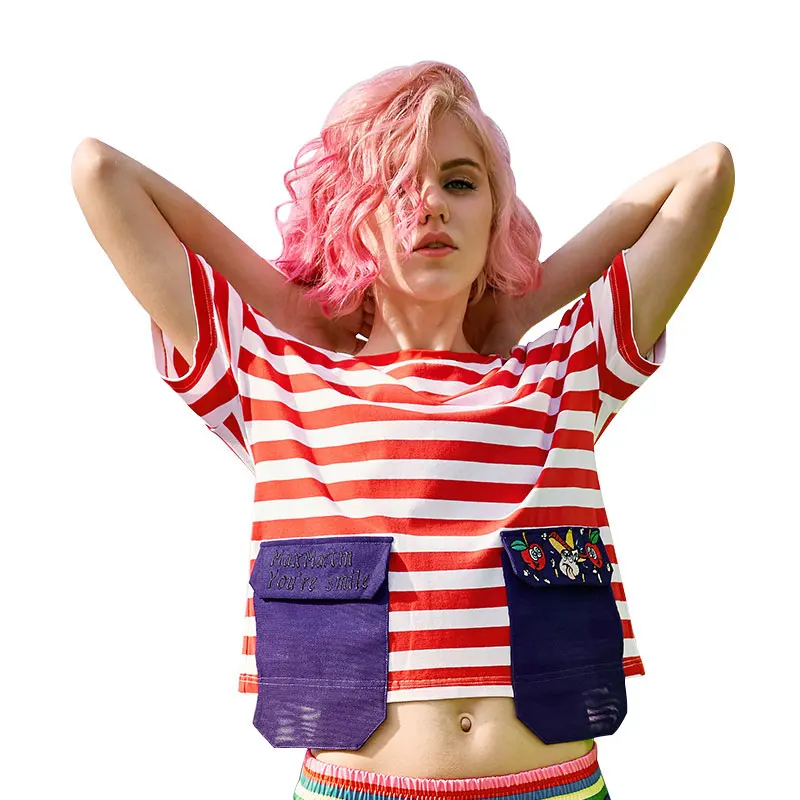 2017 новое прибытие женщины лето карманный лоскутная Контрастные цвета футболки