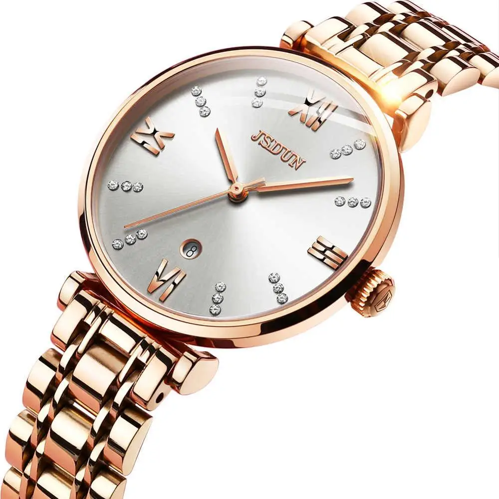 rose gold white 1 Женские часы с автоматической датой, женские часы, розовое золото, нержавеющая сталь, швейцарский кварцевый механизм, синие женские часы, водонепроницаемые, montre femme - Цвет: rose gold white 1