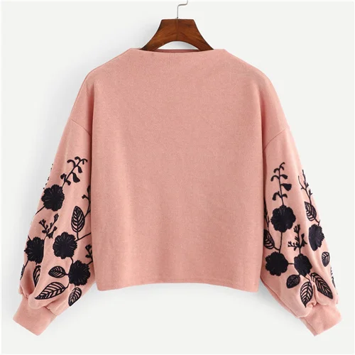 Dotfashion розовый женский пуловер с цветочной вышивкой на плече, повседневный осенний свитер с воротником-хомутом - Цвет: Розовый