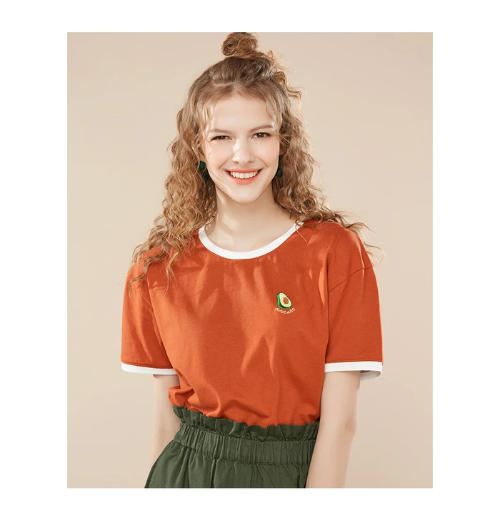 Giordano Women Tshirt Women Embroidery Fruits Contrast Color Crewneck Short Sleeve Tees Women Soft Cotton Fasion Women T Shirt