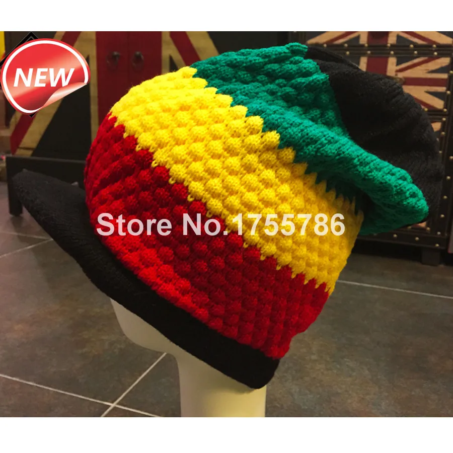 1 шт., новая вязаная кепка с козырьком Rasta Reggae, Jamaica Marley, трехцветная шапка в стиле хиппи в стиле пэчворк, черный, желтый, зеленый, красный