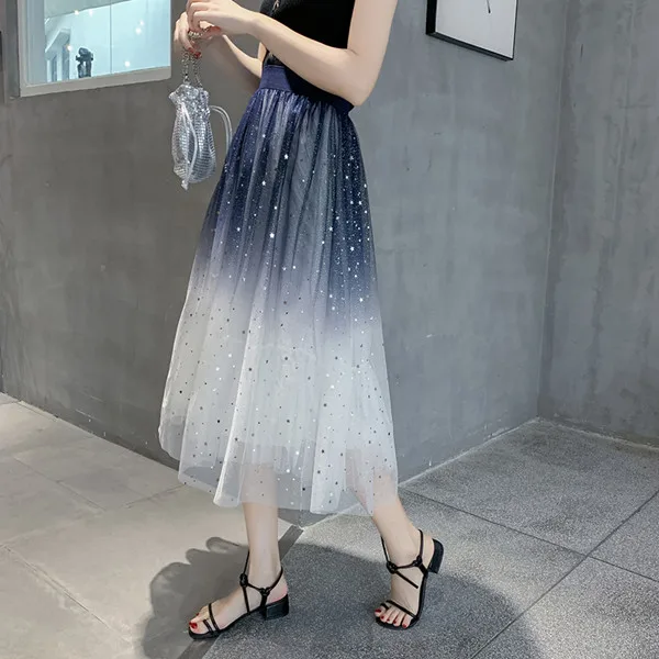 Star blank blue Azterum/юбки средней длины с блестками и звездами для девочек; г. Летняя модная женская плиссированная юбка из тюля с высокой талией в Корейском стиле - Цвет: Star blank blue