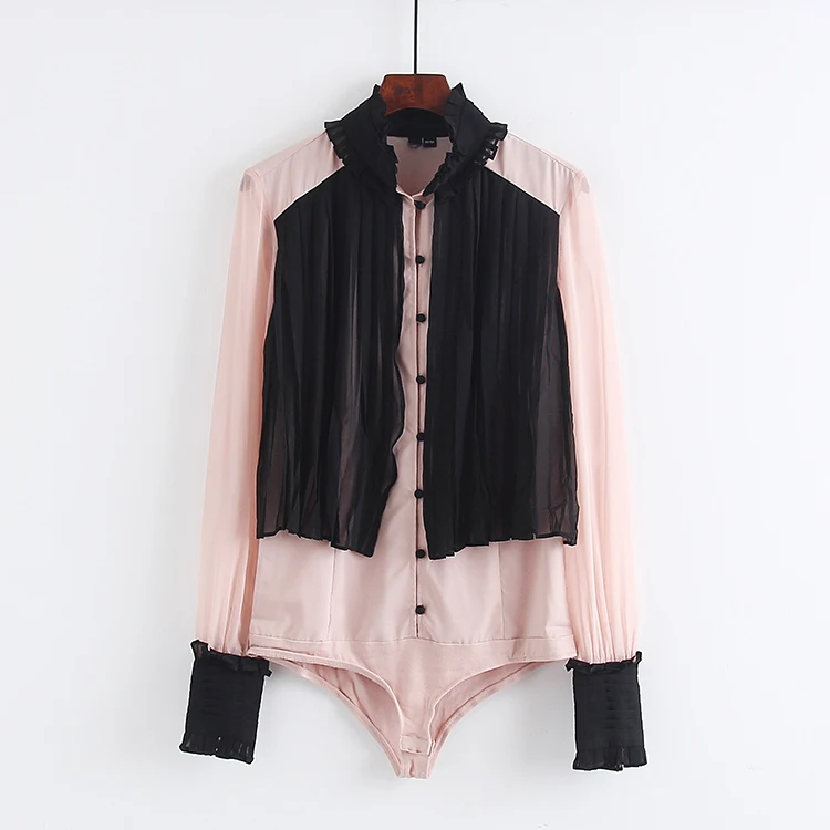 Женский шифоновый комбинезон с отложным воротником и длинным рукавом | Женская