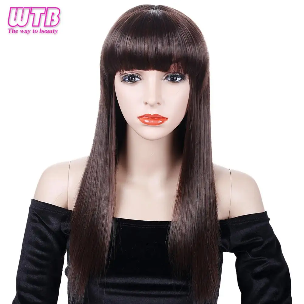 WTB Synthetic Long Straight Wig with Flat Bangs Wigs for Women Heat Resistant African American False Hair | Шиньоны и парики