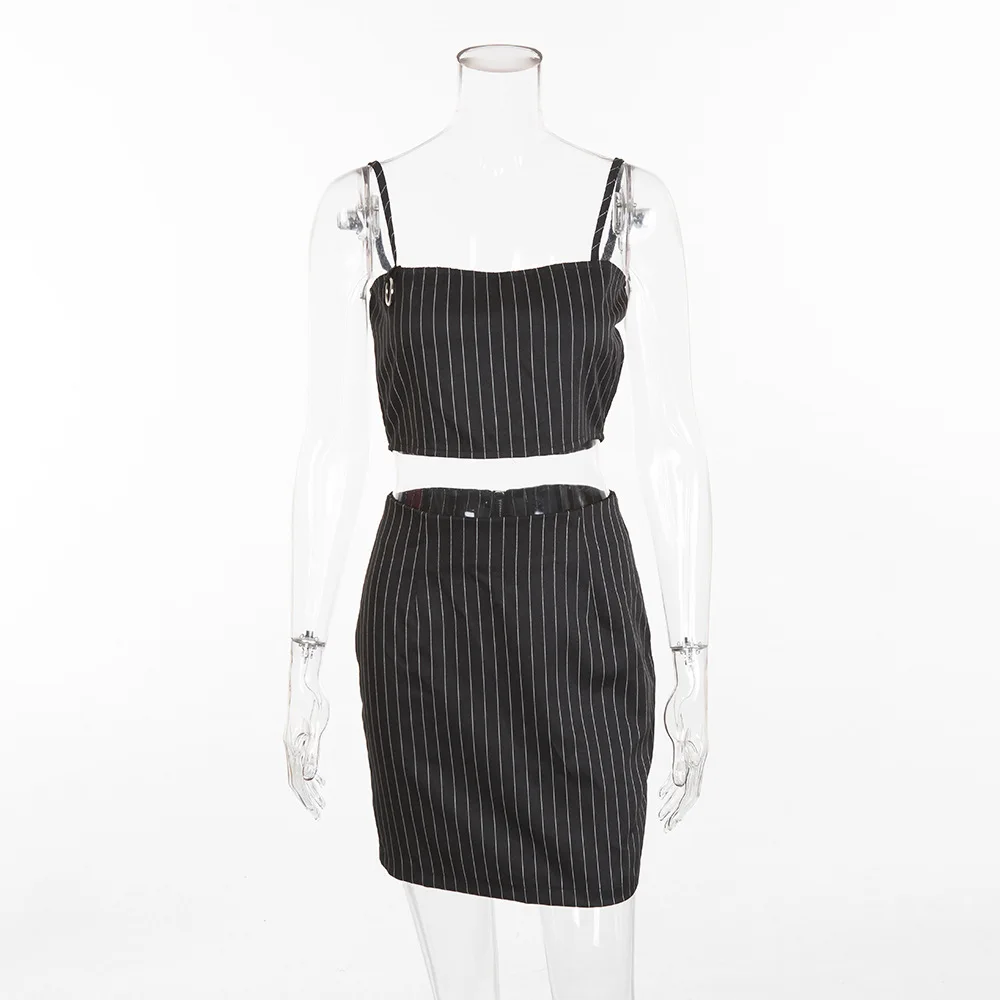 Полосатый Холтер 2 шт. топ и юбка наборы летние Короткие Спагетти ремень Топ