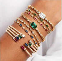 gold filled blue green red white baguette cubic zirconia open cuff bangle bracelet women fashion jewelry