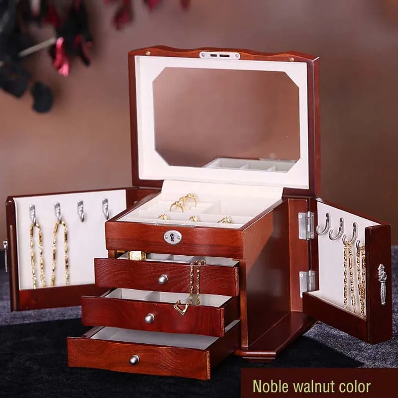 Walnut color Шкатулка для ювелирных изделий в европейском стиле, деревянная коробка для макияжа, ювелирное ожерелье с замком, коробка для хранения - Цвет: Walnut color