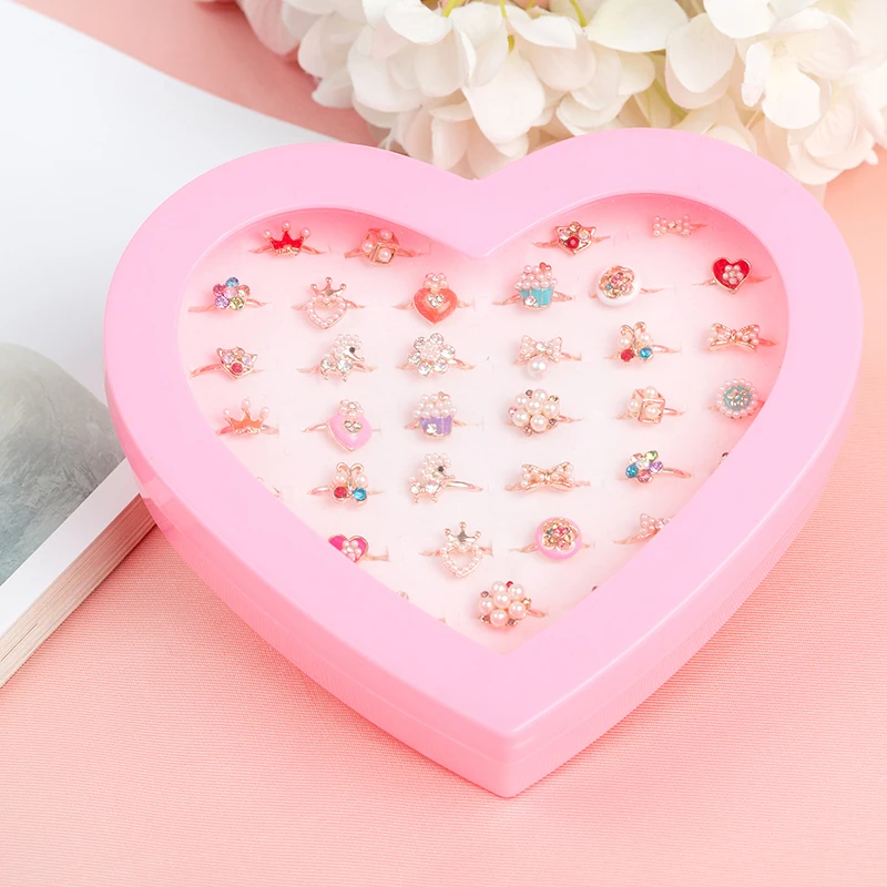 JUNWEISPIN36PCS геометрическое жемчужное кольцо для девочек, набор колец принцессы, красивое кольцо для детей, регулируемое кольцо для маленьких девочек