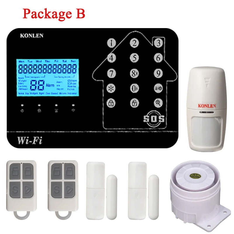Package B KONLEN wifi GSM PSTN домашняя сигнализация Беспроводная Проводная для умного дома Охранная защита от взлома АВТО SMS Приложение Поддержка ip-камеры - Цвет: Package B