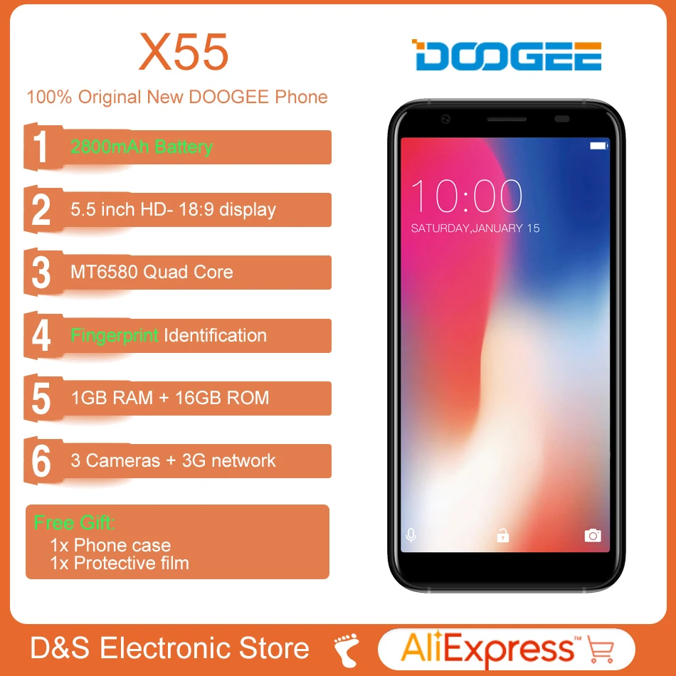 DOOGEE X55 смартфон 5 дюймов 18:9 Экран четыре ядра мобильный телефон 2800 мА/ч Android7.0