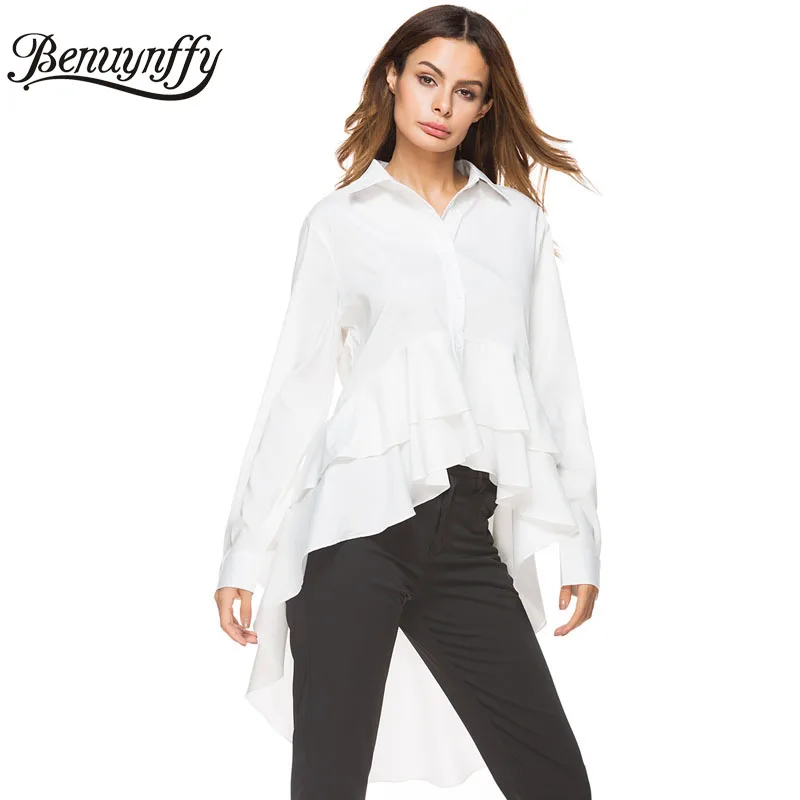 Женская блузка Benuynffy белая с каскадными оборками и длинным рукавом осенняя 2018|blouse