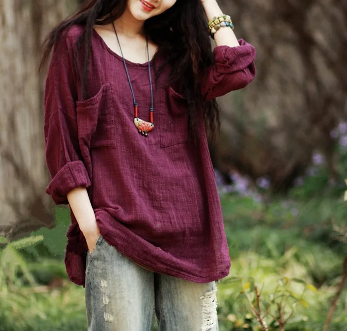 Блузка женская с длинным рукавом из хлопка и льна|Рубашки| |