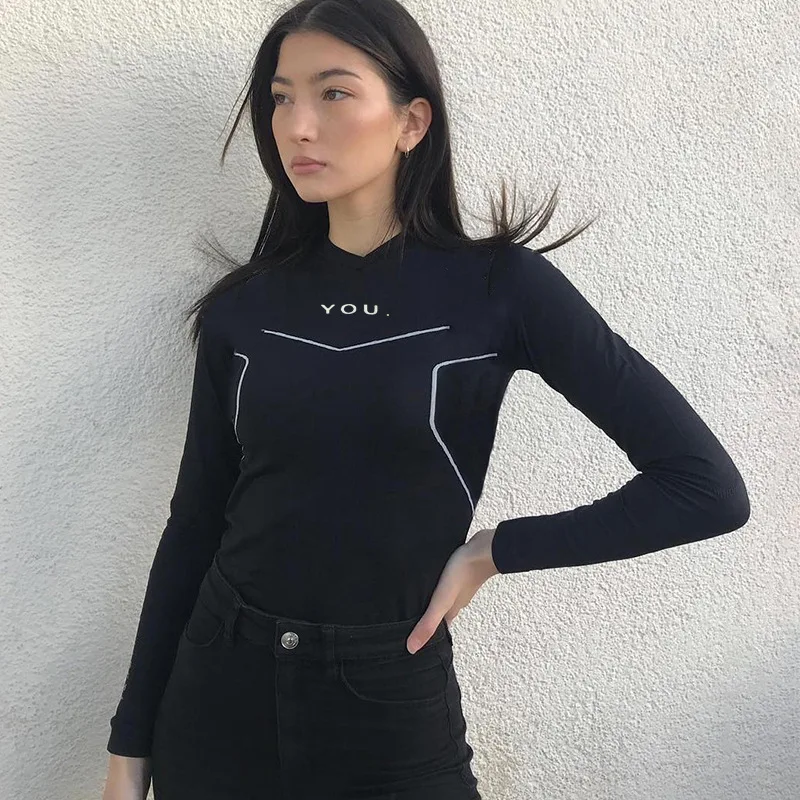 Women's 2019 Casual Fashion Tops Sports Fitness Reflective Letter Print Long Sleeve T-Shirt Slim Pullover | Женская одежда