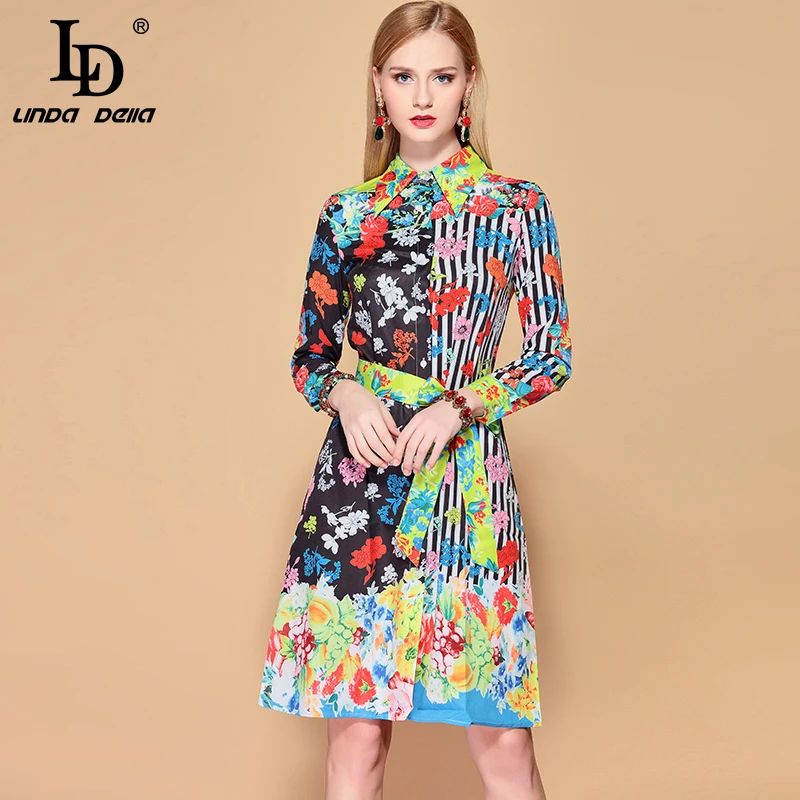 Женское платье рубашка LD LINDA DELLA винтажное с длинным рукавом и цветочным