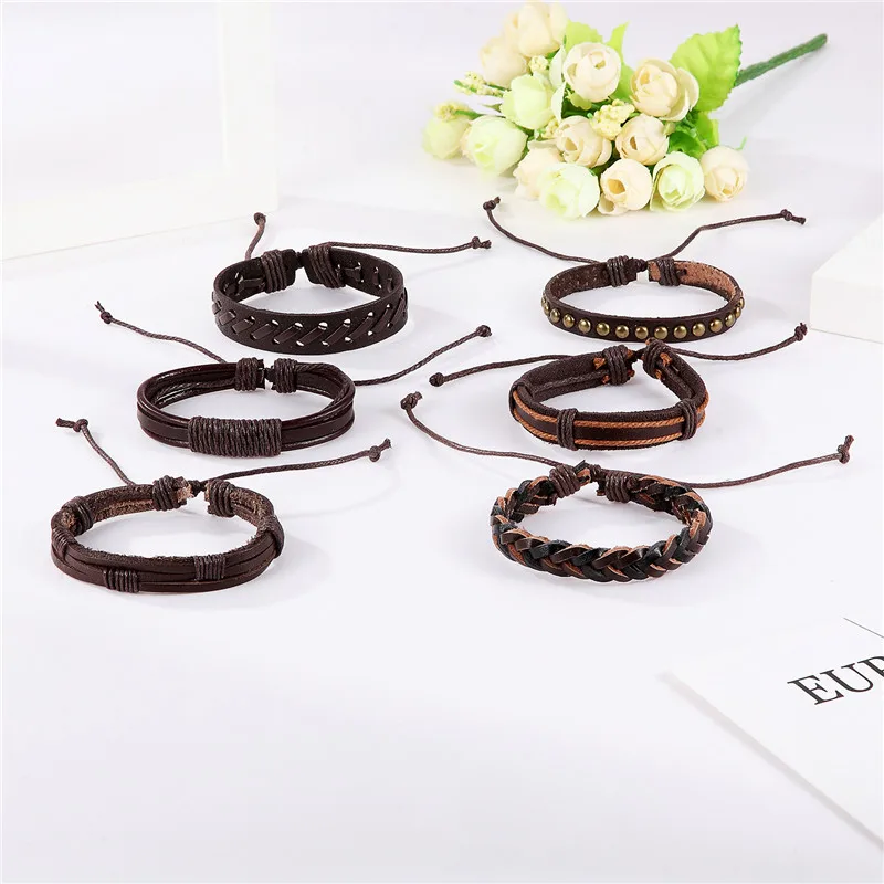 2019 New 6 pcs 1 Set Fashion accessories Owl Bead Leather Bracelets &amp bangles Multilayer Braided Wristband Bracelet Men pulseira |