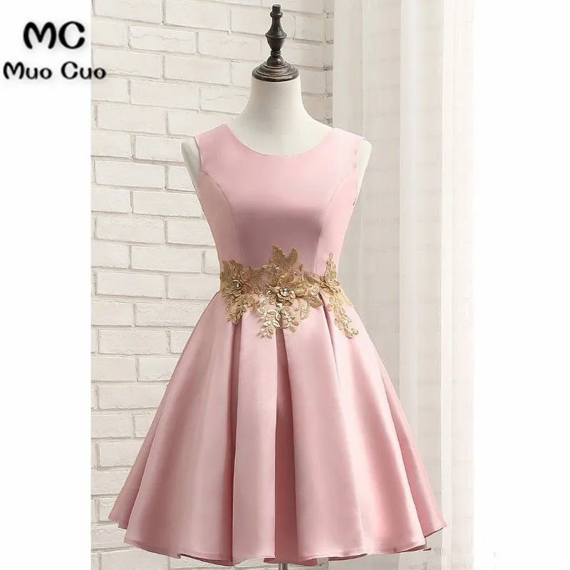 2018 розовое короткое платье для выпускного вечера с золотыми аппликациями