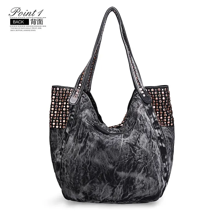 Женская джинсовая сумка с заклепками винтажная однотонная Сумка тоут на плечо в