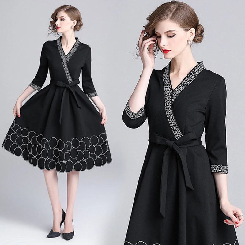 2019 New Black Runway A-line Work Wear Office Dress Womens Ladies Elegant V-neck Embroidery Embroidered Round Belt Dresses | Женская