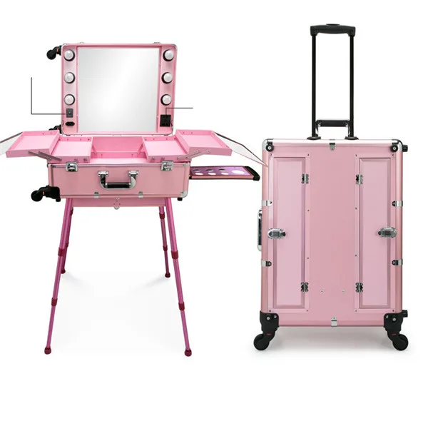 Pink Color Профессиональный художественный студийный чехол для макияжа, косметический столик с 4 колесиками и подсветкой и зеркалом для макияжа, портативный Настольный комод - Цвет: Pink Color
