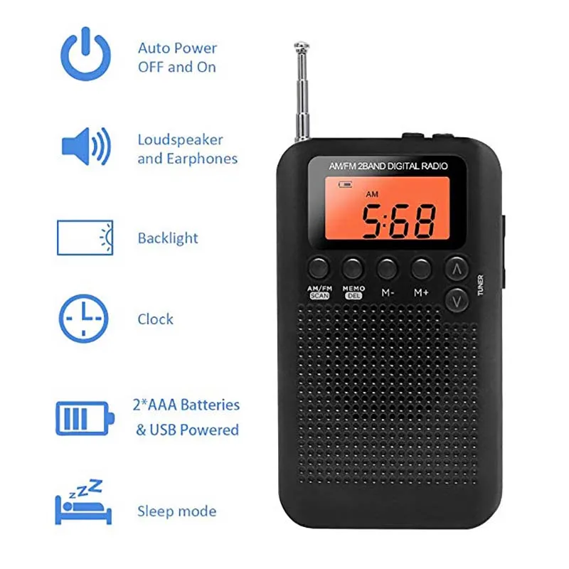 Карманное радио AM FM стерео портативный цифровой Транзистор с таймером сна и