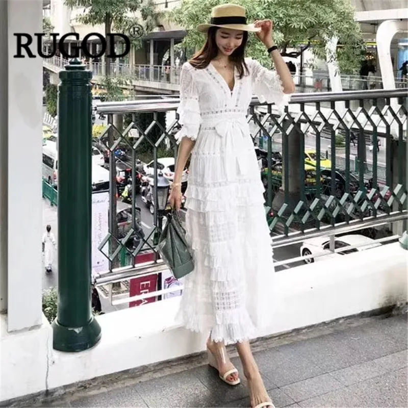 RUGOD, новинка, белое кружевное платье, женское, элегантное, сексуальное, с вырезом, с поясом, Платья для вечеринок, повседневное, с оборками, длинное, макси платье, vestidos mujer