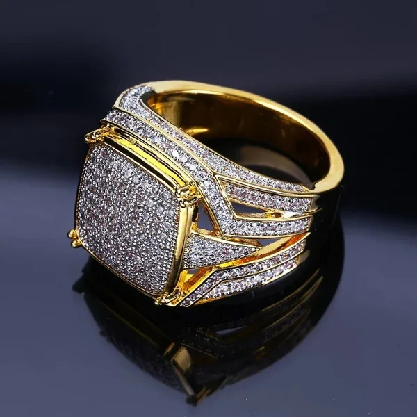 

High Quality Vintage Mens Signet Rings Full With Stone CZ Crystal Gold Ring Men Jewelry Wedding Band Engagement Fashion Jewelry