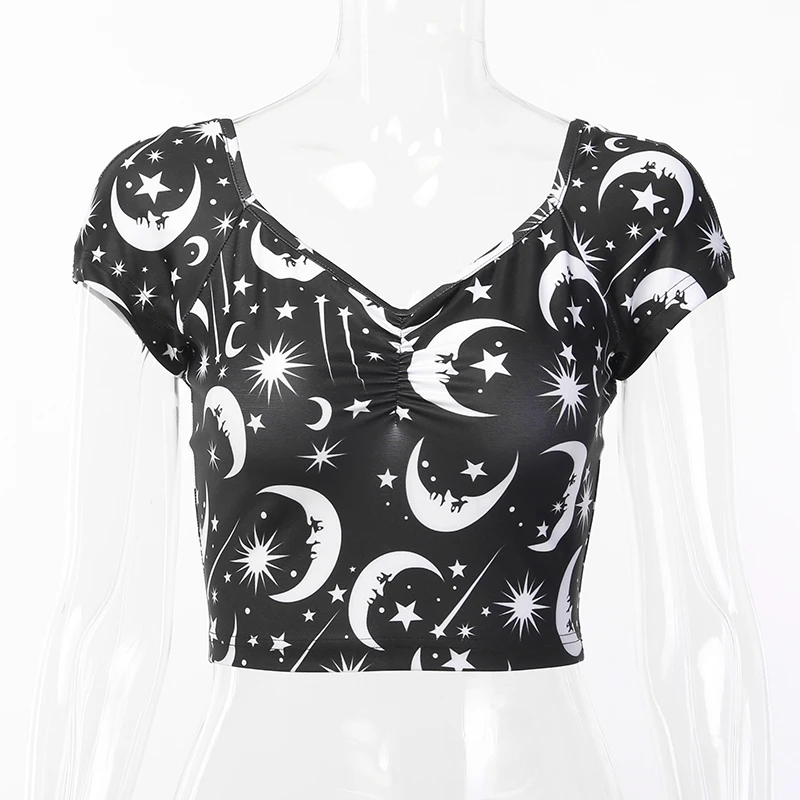 black WannaThis Moon Stars Печатный укороченный Топ для женщин короткий рукав кроп Топы Черный готичный панк стиль Глубокий v-образный вырез Тонкий Повседневный сексуальный топ топы - Цвет: black