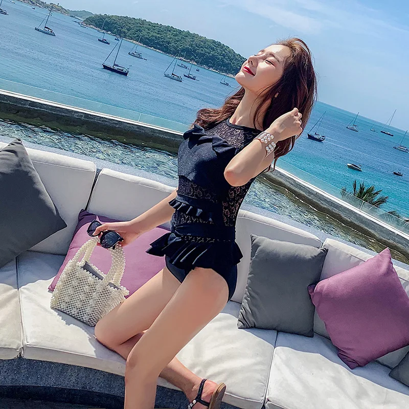 Женский слитный купальник черный однотонный купальный костюм пикантный летний