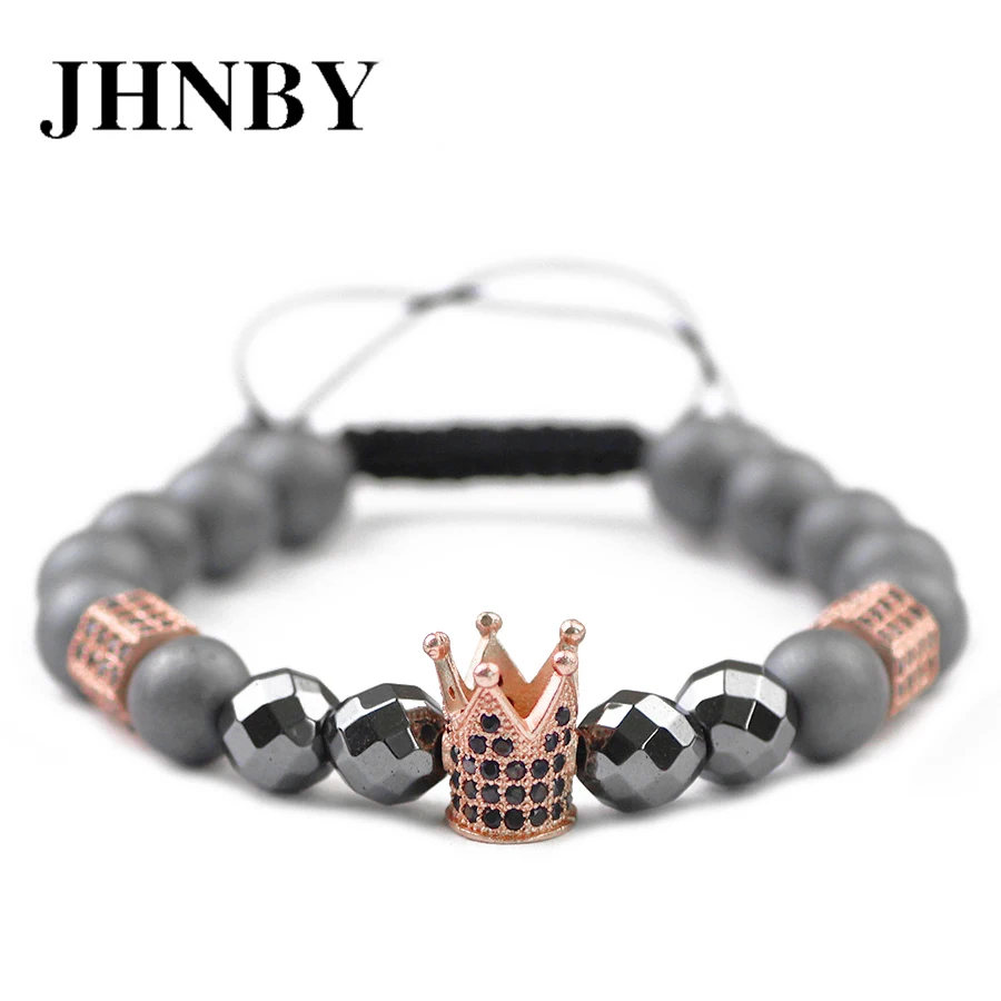 JHNBY Crown 8mm Matte Hematite Bead Pave CZ Men Charms Bracelet Braided Rope Trendy Women Copper Bangle Jewelry Pulseras Hombre | Украшения