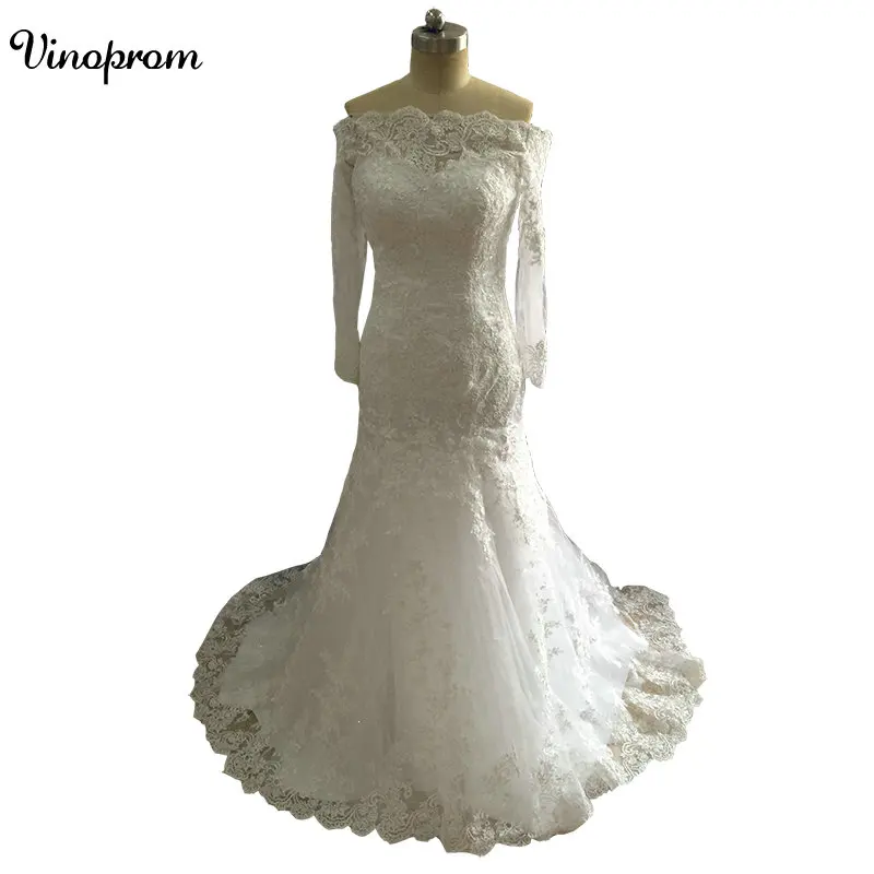 

Mermaid Long Sleeves Appliques Tulle Zipper Real Photo Sweep Train Custom Made Wedding Bridal Gown Dresses
