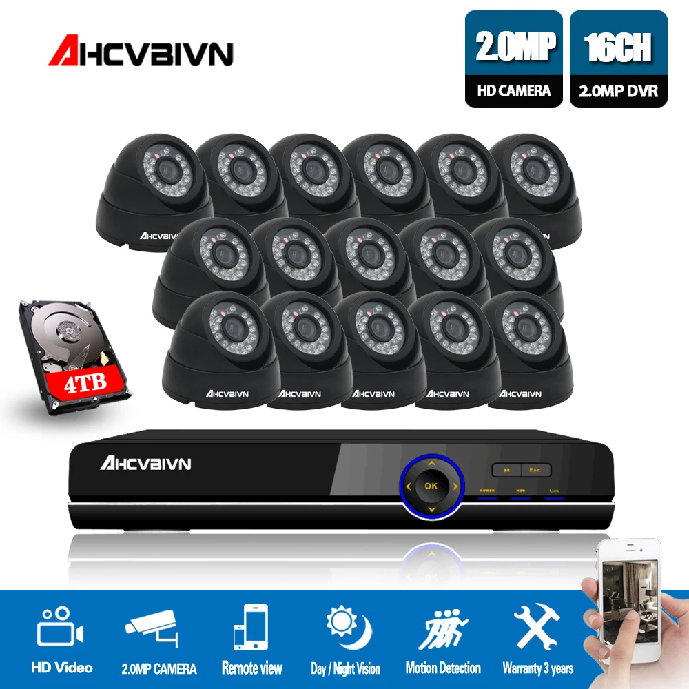 Система видеонаблюдения AHCVBIVN 16CH AHD Kit HD купольные комнатные камеры 2.0mp 1080P с ИК
