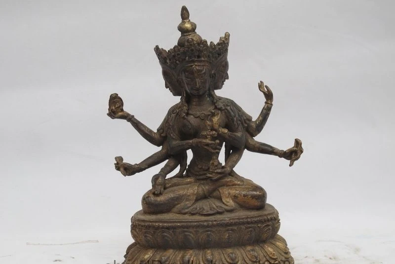

Tibet Buddhism old Bronze 3 Heads 8 Arms Namgyalma Ushnishavijaya Buddha Statue