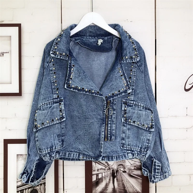 Plus Size Pearl Beading 2020 Long Sleeve Vintage Casual Jeans Coat Short Denim Jackets Women Clothes Basic Bomber Jacket SB010 | Женская