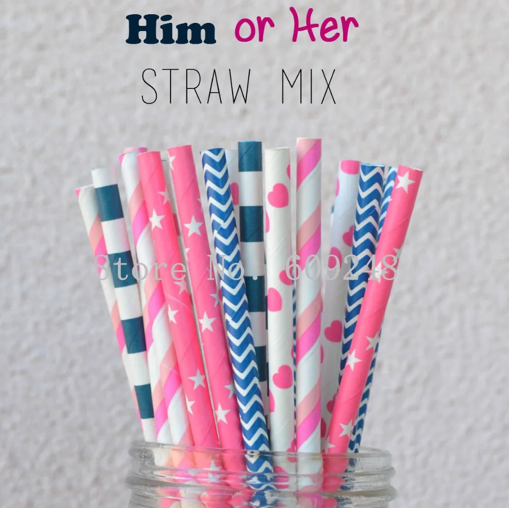 

125pcs Mixed Colors Him or Her Paper Straws,Hot Pink Star,Heart,Double Striped,Navy Chevron,Sailor Stripe,Gender Reveal Party