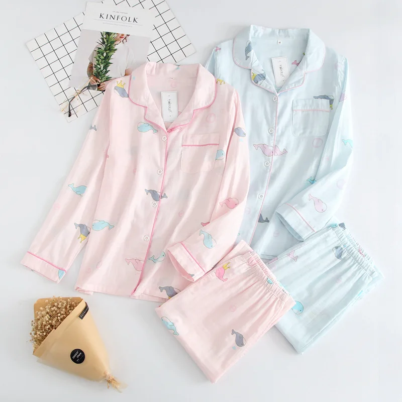 

Autumn 100% Cotton Double Gauze Long-sleeved Pajamas Suit Cartoon Cute Dolphin Sleepwear Trousers Pyjamas Women Pijamas Pj Set