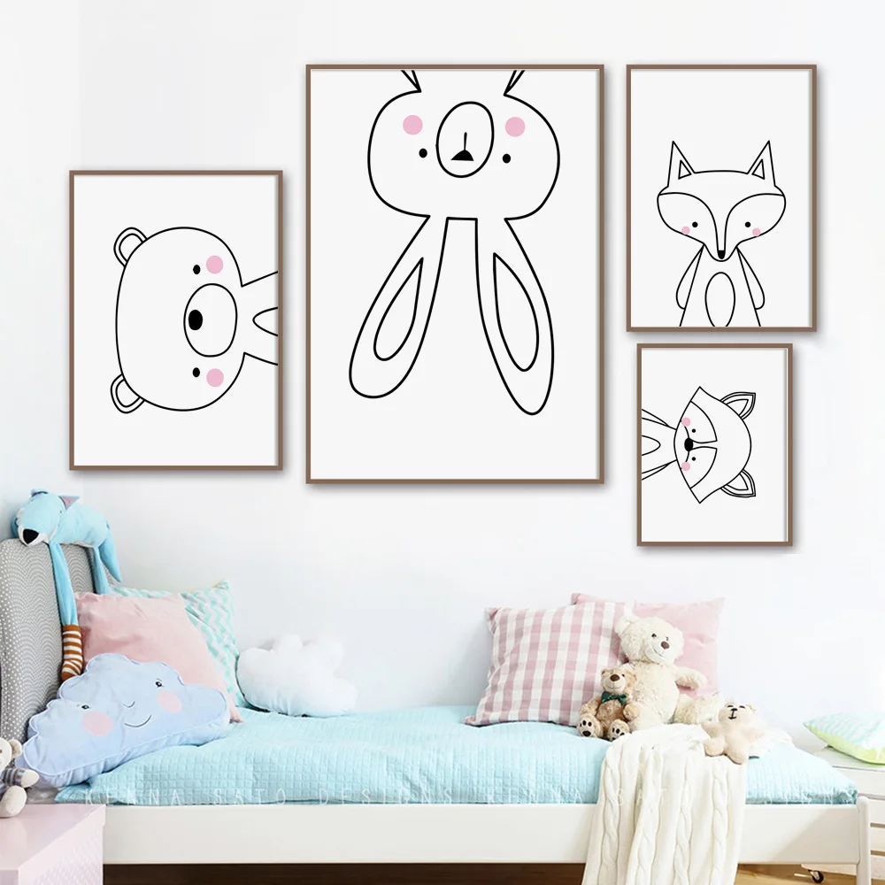 

Cartoon Animals Rabbit Fox Bear Minimalist Nordic Posters and Prints Wall Art Canvas Painting Wall Pictures Baby Kids Room Decor