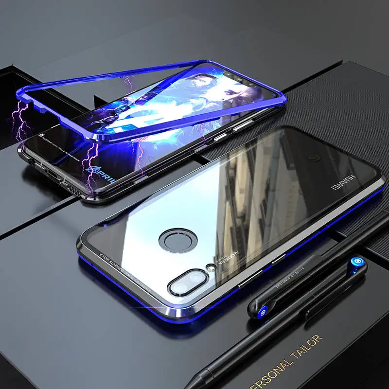Black Blue Магнитный металлический стеклянный чехол для huawei P30 Lite, чехол P30Lite, магнитный бампер, стеклянная задняя крышка, huawei P20 Lite, чехол P20Lite Pro - Цвет: Black Blue