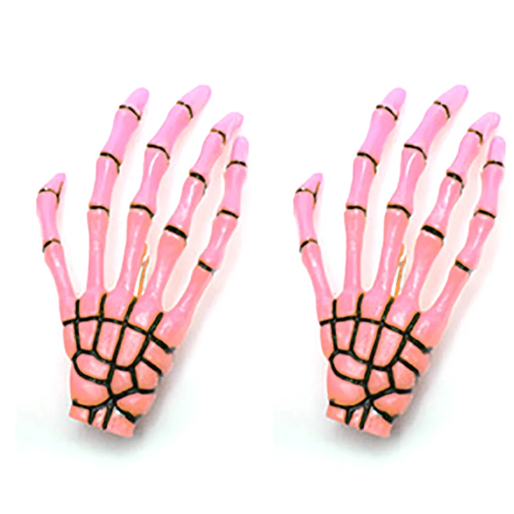 pink 2Pcs Harajuku Skull Skeleton Hand Hair Clip Bone Claw Hairpin Halloween Headwear Barrettes Women Girls Hair Stylish Accessories - Цвет: pink
