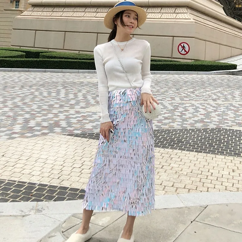 White Skirts TWOTWINSTYLE осенние юбки с пайетками для женщин эластичные с высокой талией с кисточками облегающие длинные юбки Женская корейская модная одежда - Цвет: White Skirts