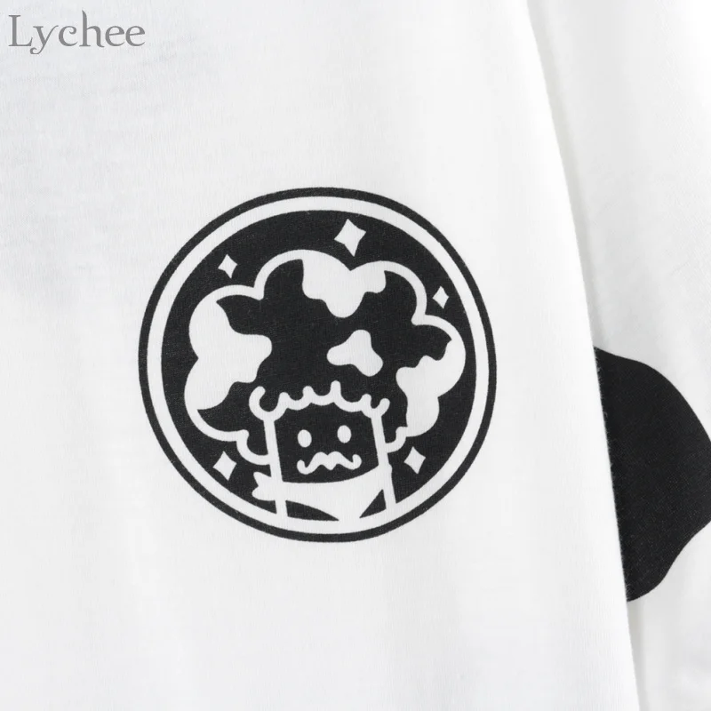 Lychee летняя женская футболка с принтом коровы черный белый цвет Kawaii Милая