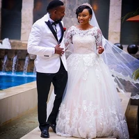 white plus size wedding dress lace applique beaded long sleeve dubai african tulle bridal dresses 2020 robe de mariee