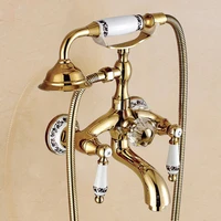 antique brass wall mounted goldrose golden plated telephone shape bathtub shower faucet set with hand shower chrome polished